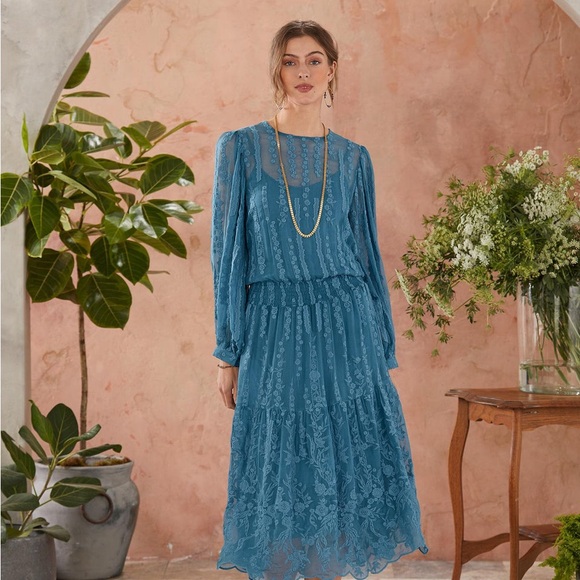 Sundance Seaspell Midi Dress Sheer Floral Lace Embroidered Silk Long Sleeve S - Picture 6 of 16